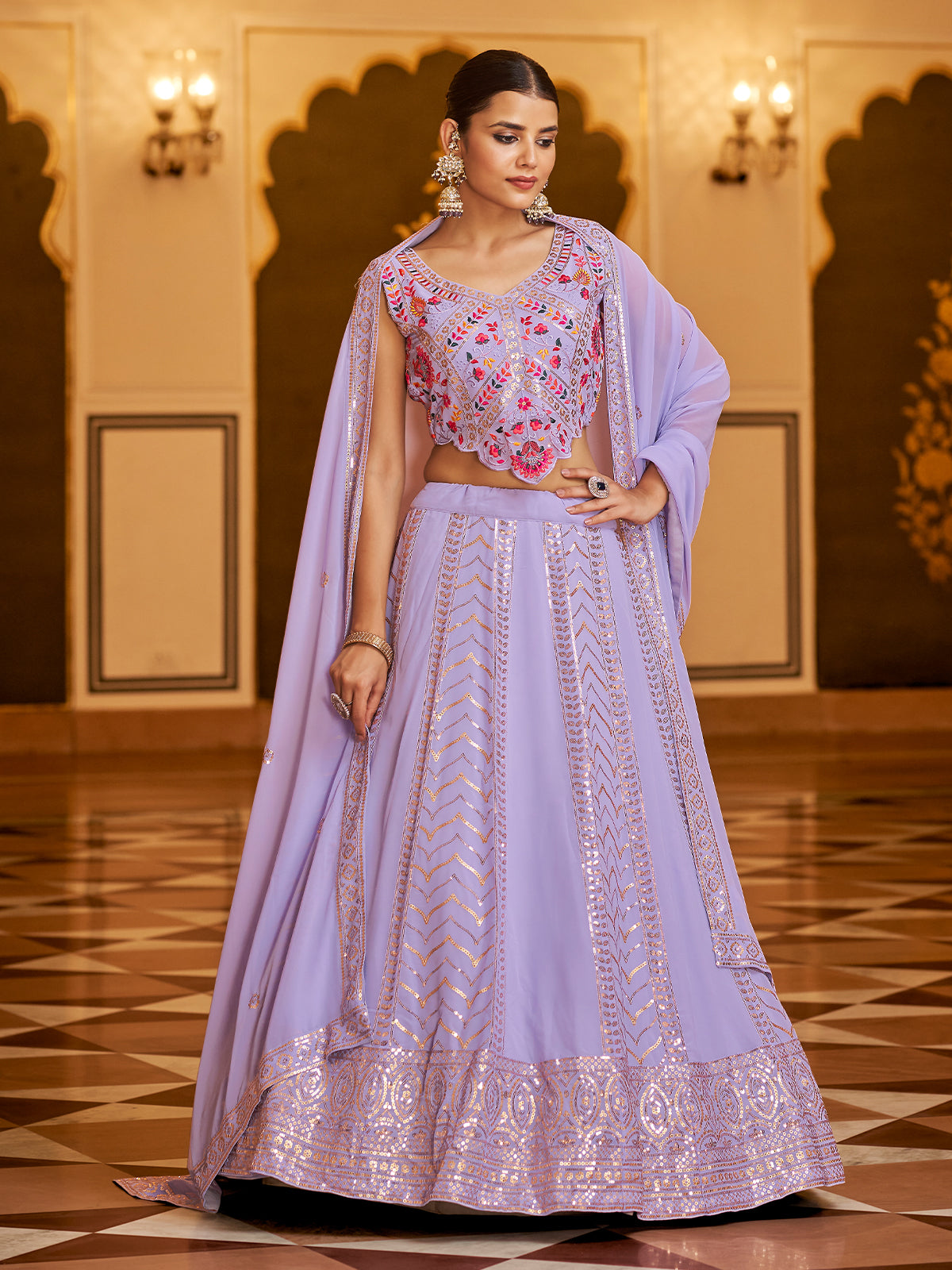 Odette Women Lavender Semi Stitched Lehenga With  Unstitched Blouse