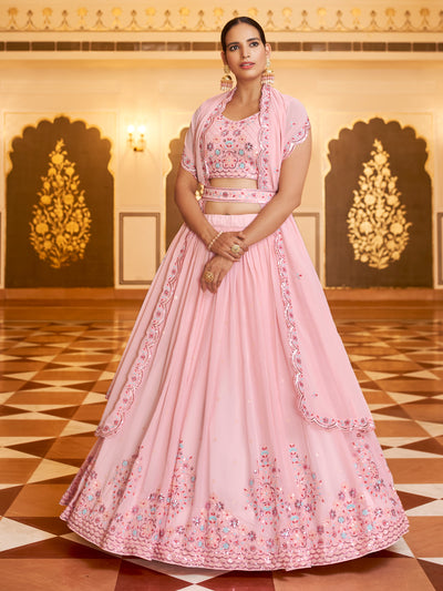 Odette Women Pink Semi Stitched Lehenga With  Unstitched Blouse