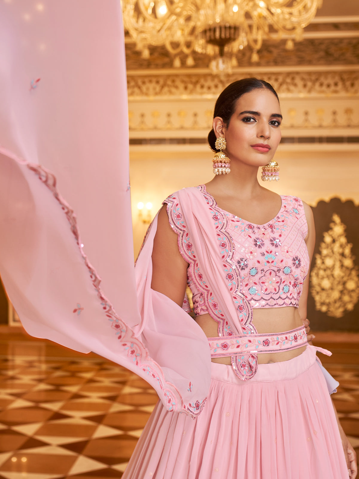 Odette Women Pink Semi Stitched Lehenga With  Unstitched Blouse