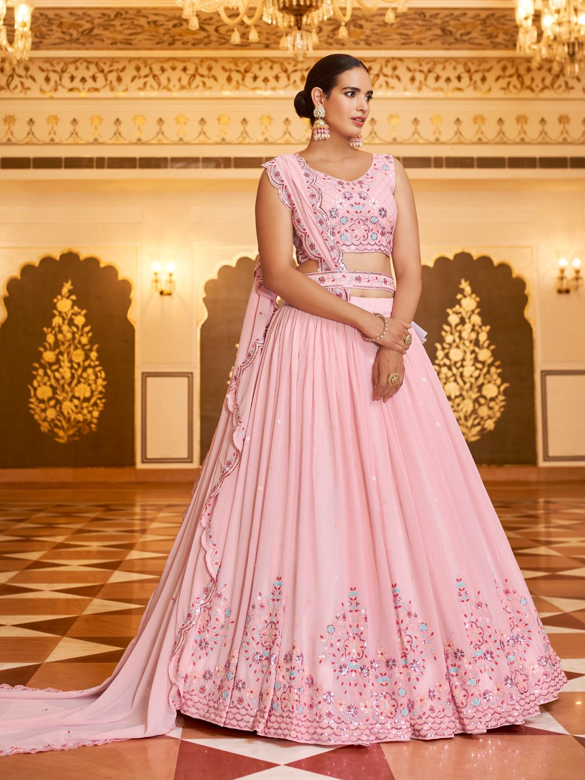 Odette Women Pink Semi Stitched Lehenga With  Unstitched Blouse