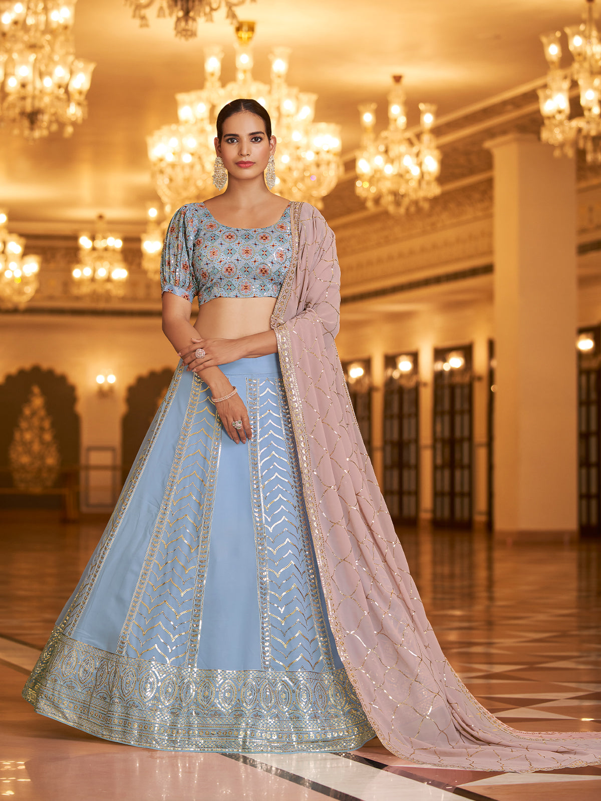 Odette Women Light Blue Semi Stitched Lehenga With  Unstitched Blouse