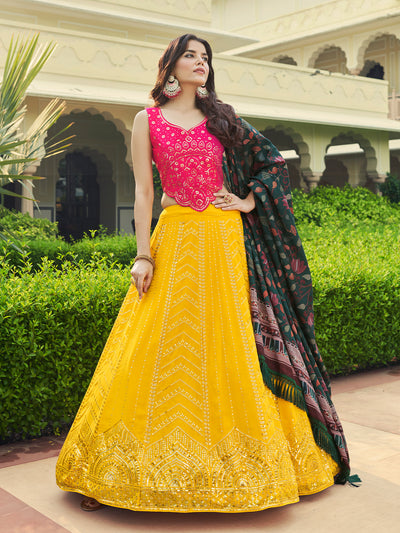 Odette Women Yellow Semi Stitched Lehenga With  Unstitched Blouse