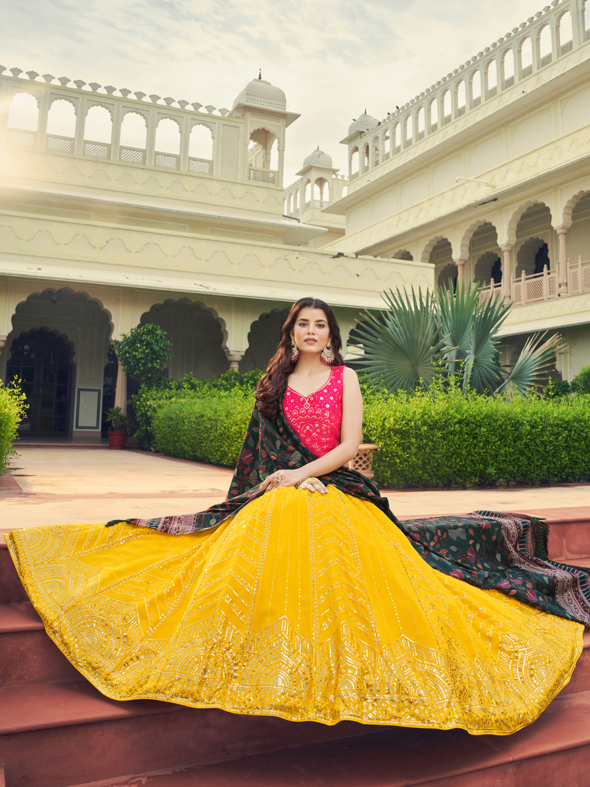 Odette Women Yellow Semi Stitched Lehenga With  Unstitched Blouse