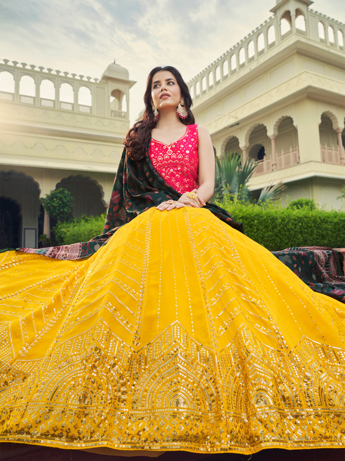 Odette Women Yellow Semi Stitched Lehenga With  Unstitched Blouse