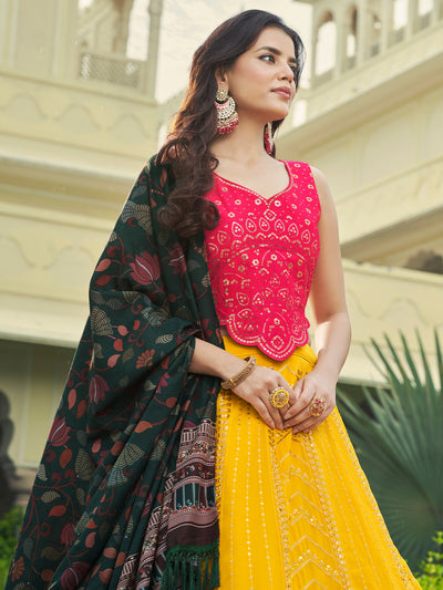 Odette Women Yellow Semi Stitched Lehenga With  Unstitched Blouse