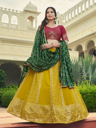 Odette Women Mustard Semi Stitched Lehenga With  Unstitched Blouse