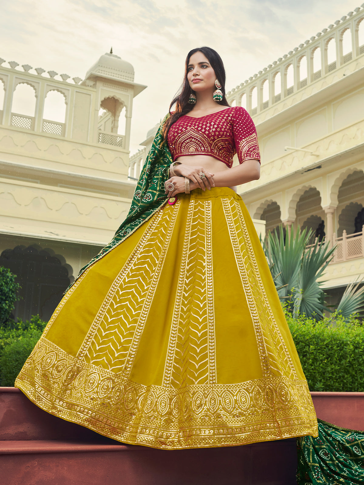 Odette Women Mustard Semi Stitched Lehenga With  Unstitched Blouse