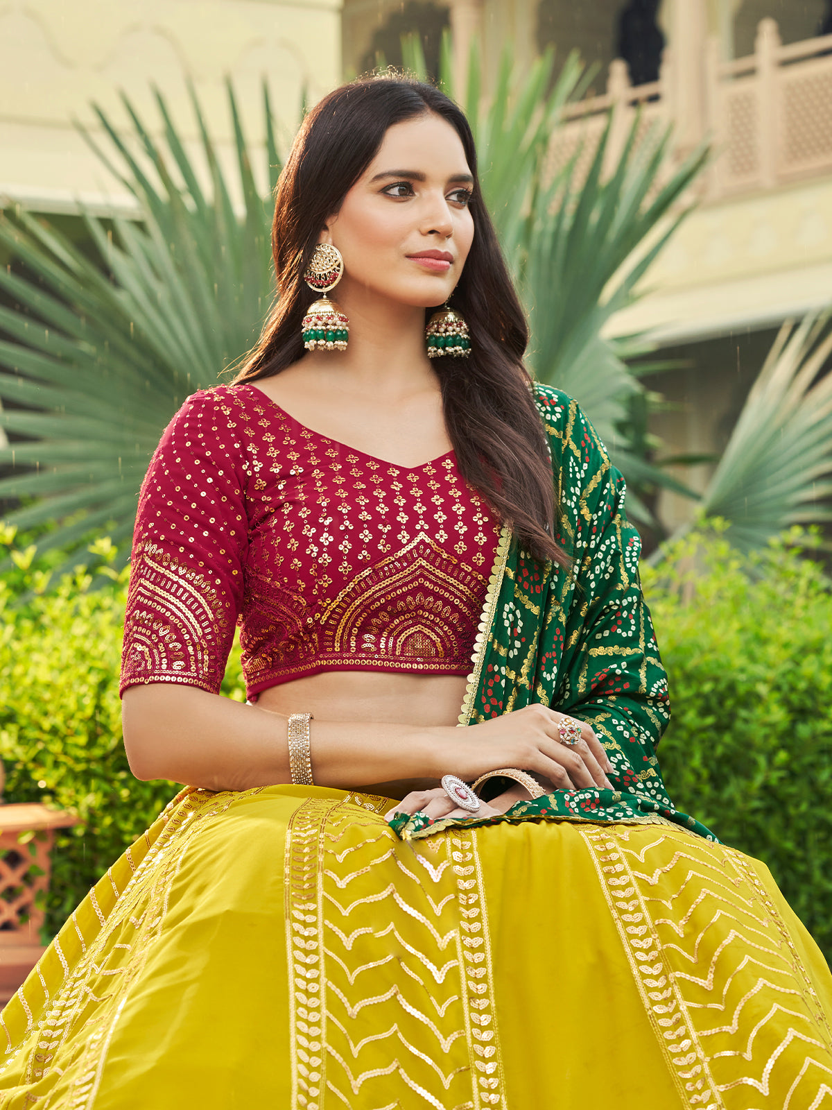 Odette Women Mustard Semi Stitched Lehenga With  Unstitched Blouse