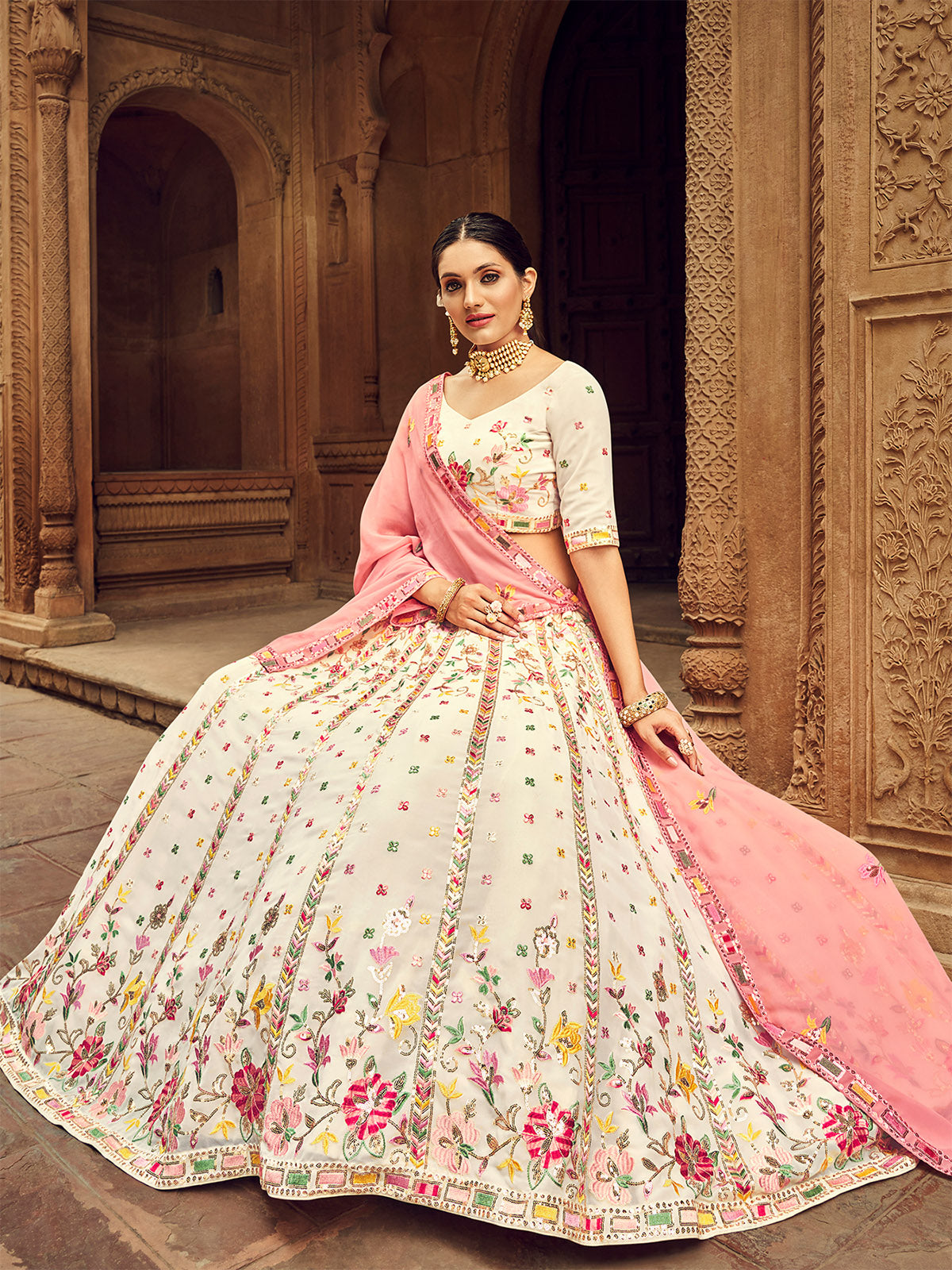 Odette Women Apricot Embroidered Festive Semi Stitched Lehenga With  Unstitched Blouse