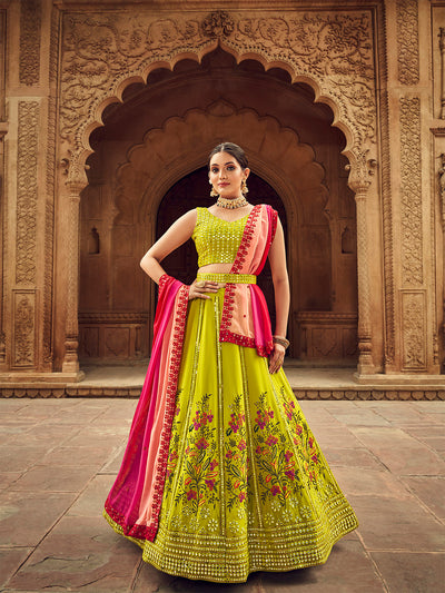 Odette Women Lime Embroidered Festive Semi Stitched Lehenga With  Unstitched Blouse