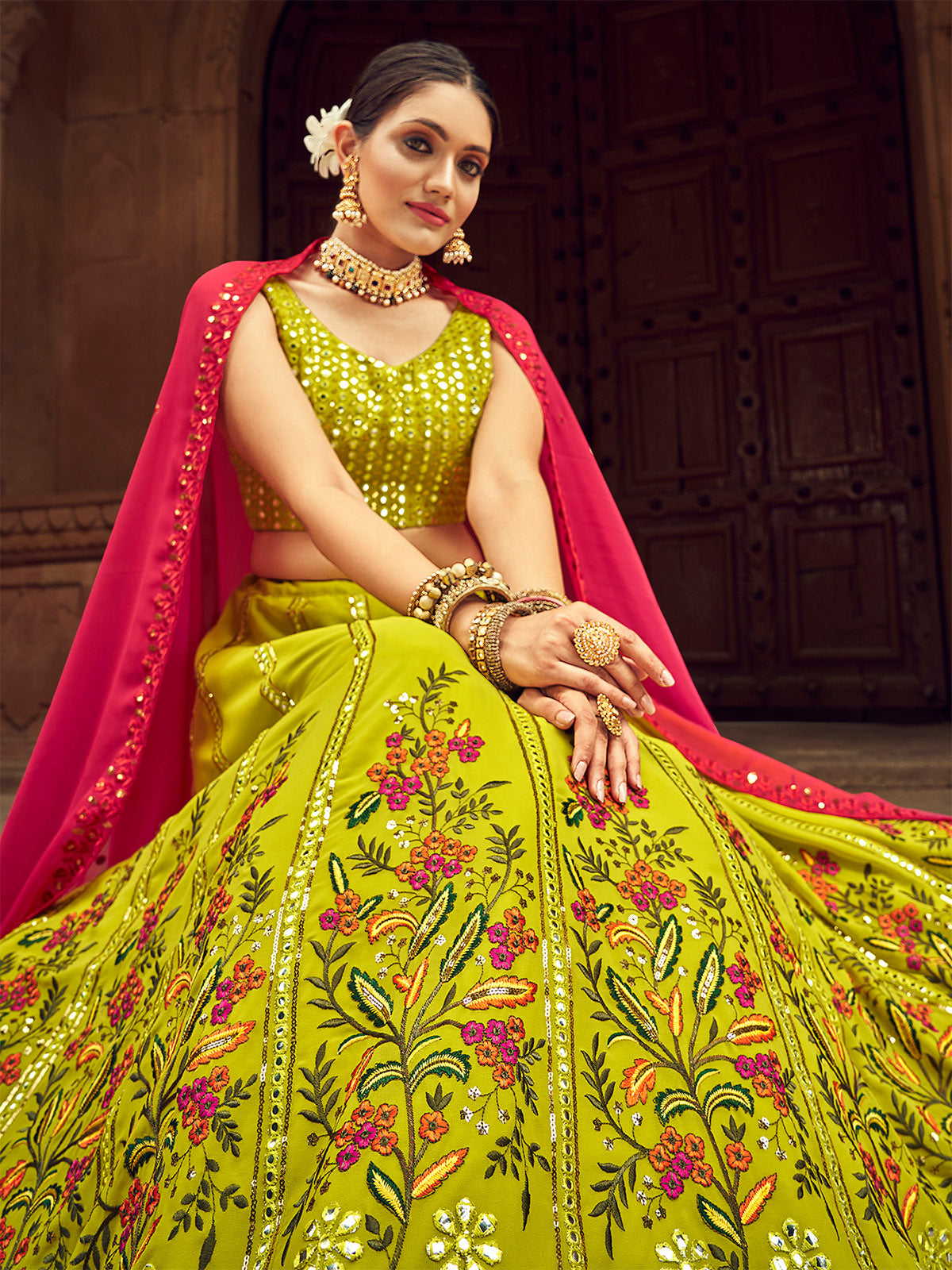 Odette Women Lime Embroidered Festive Semi Stitched Lehenga With  Unstitched Blouse