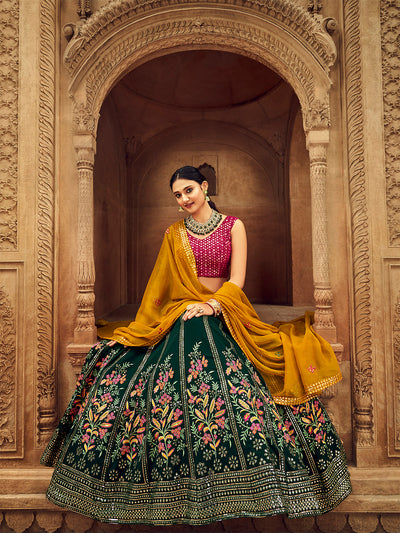 Odette Women Dark Green Embroidered Festive Semi Stitched Lehenga With  Unstitched Blouse