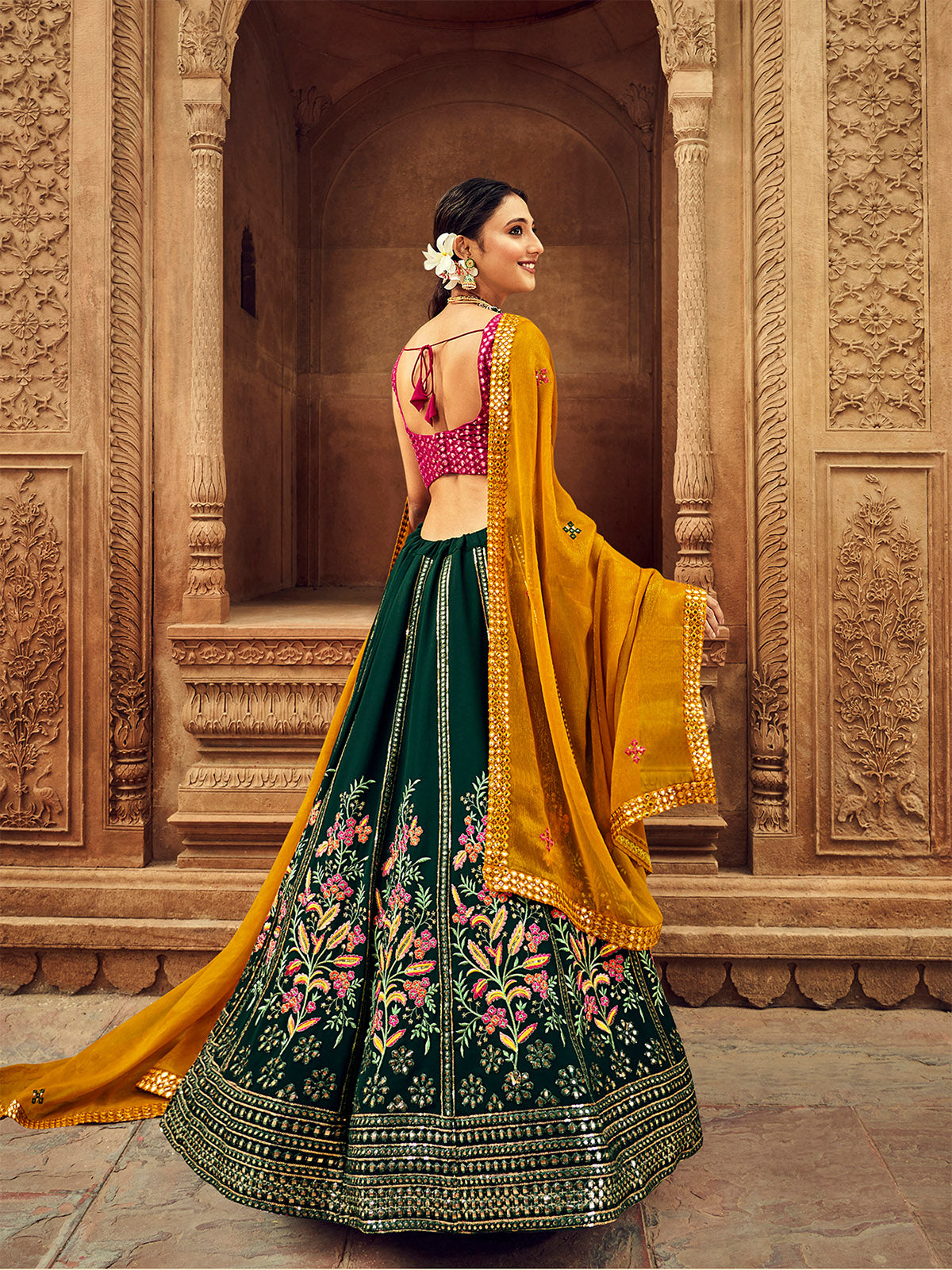 Odette Women Dark Green Embroidered Festive Semi Stitched Lehenga With  Unstitched Blouse