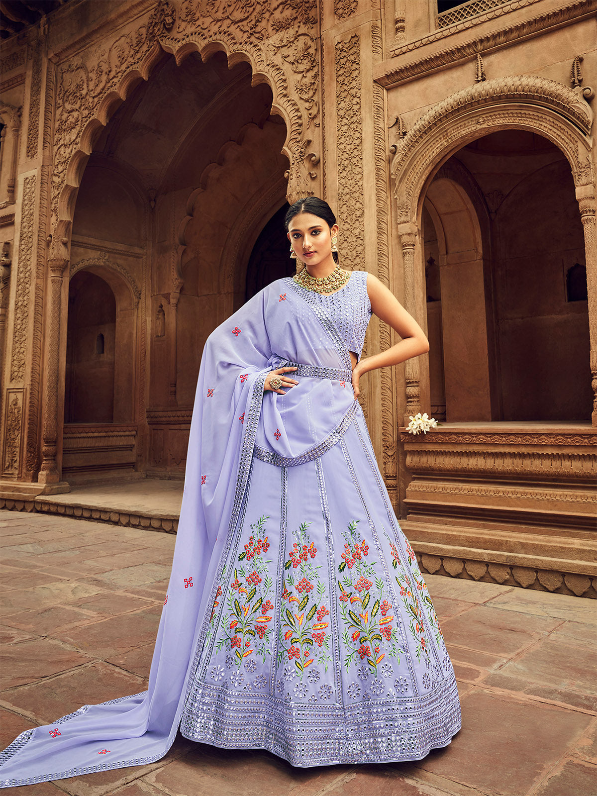 Odette Women Sky Blue Embroidered Festive Semi Stitched Lehenga With  Unstitched Blouse