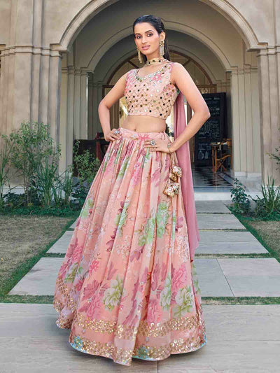 Odette Women Pink Georgette Embroidered Semi Stitched Lehenga With Unstitched Blouse