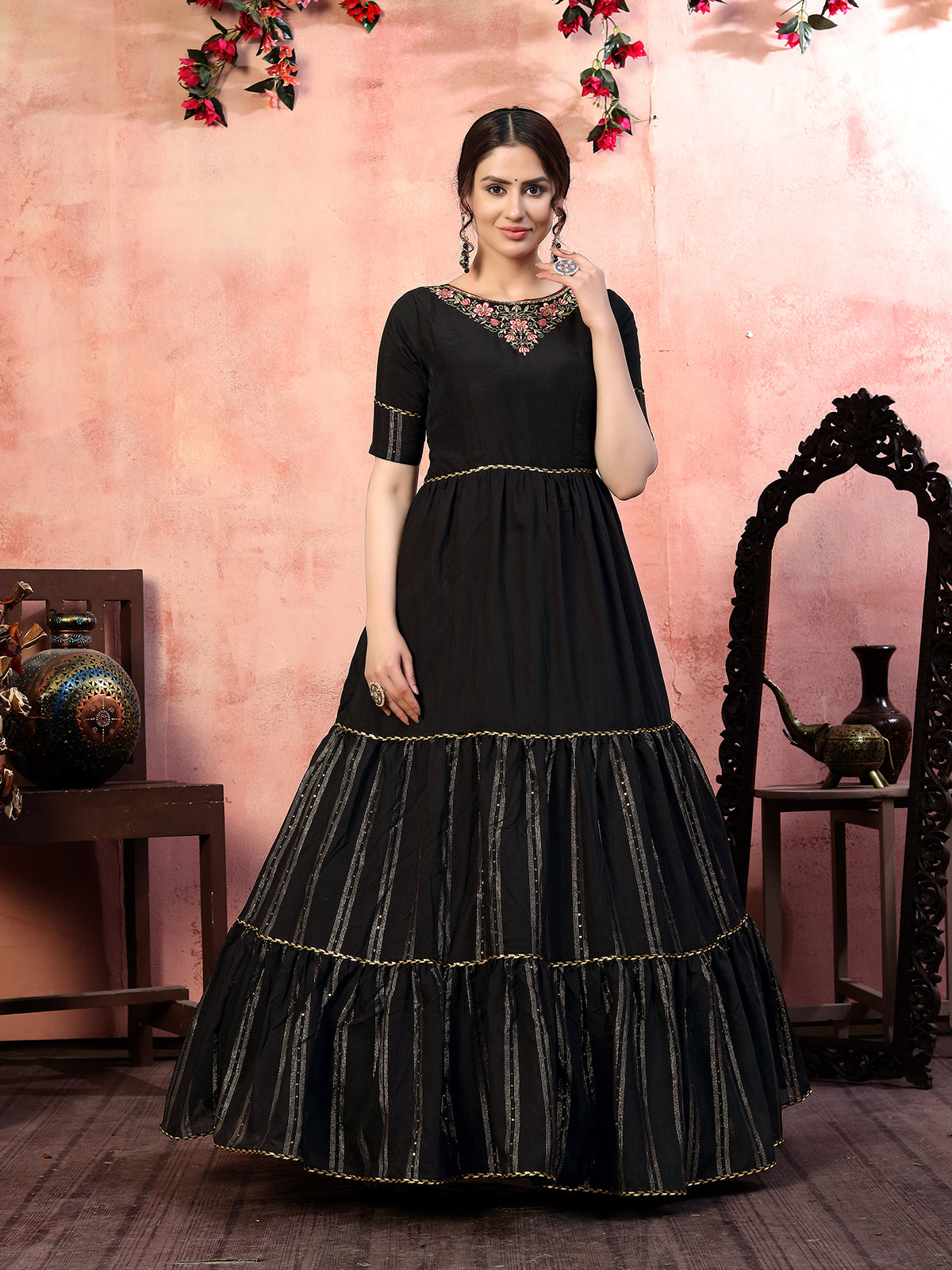 Odette Women Designer Black Silk Semi Stitched Gown