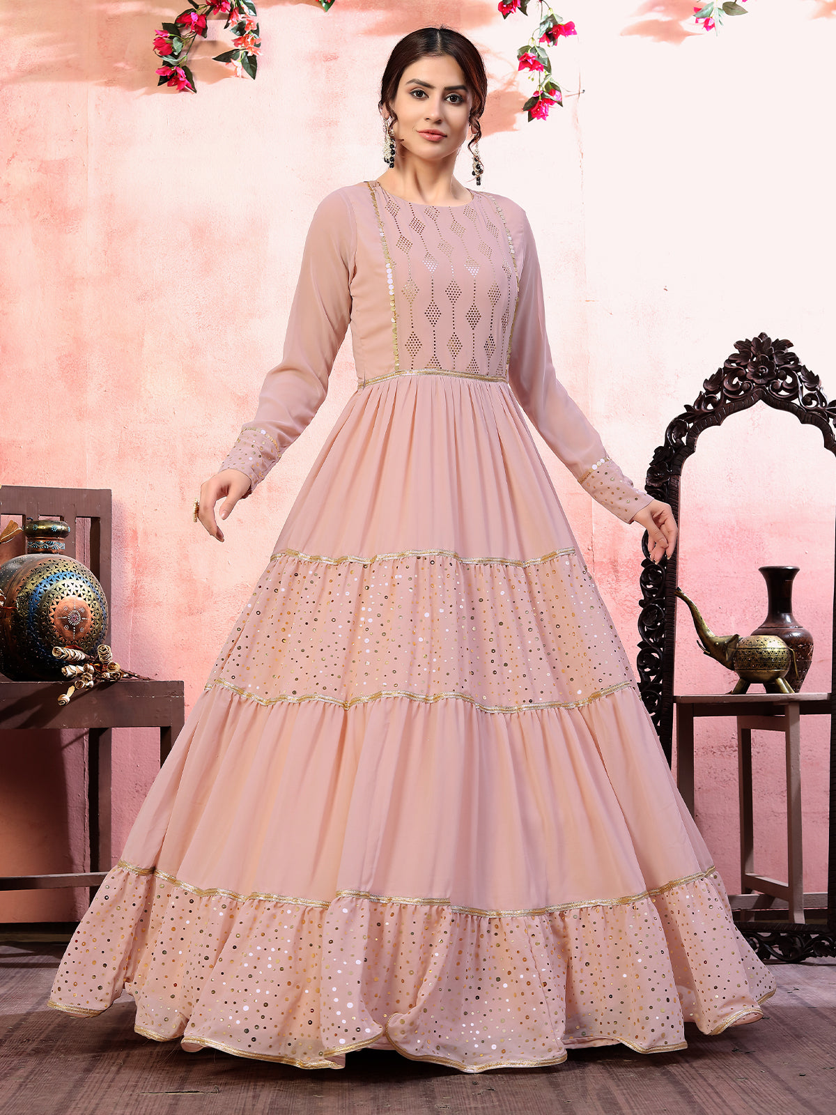 Odette Women Designer Pink Georgette Semi Stitched Gown