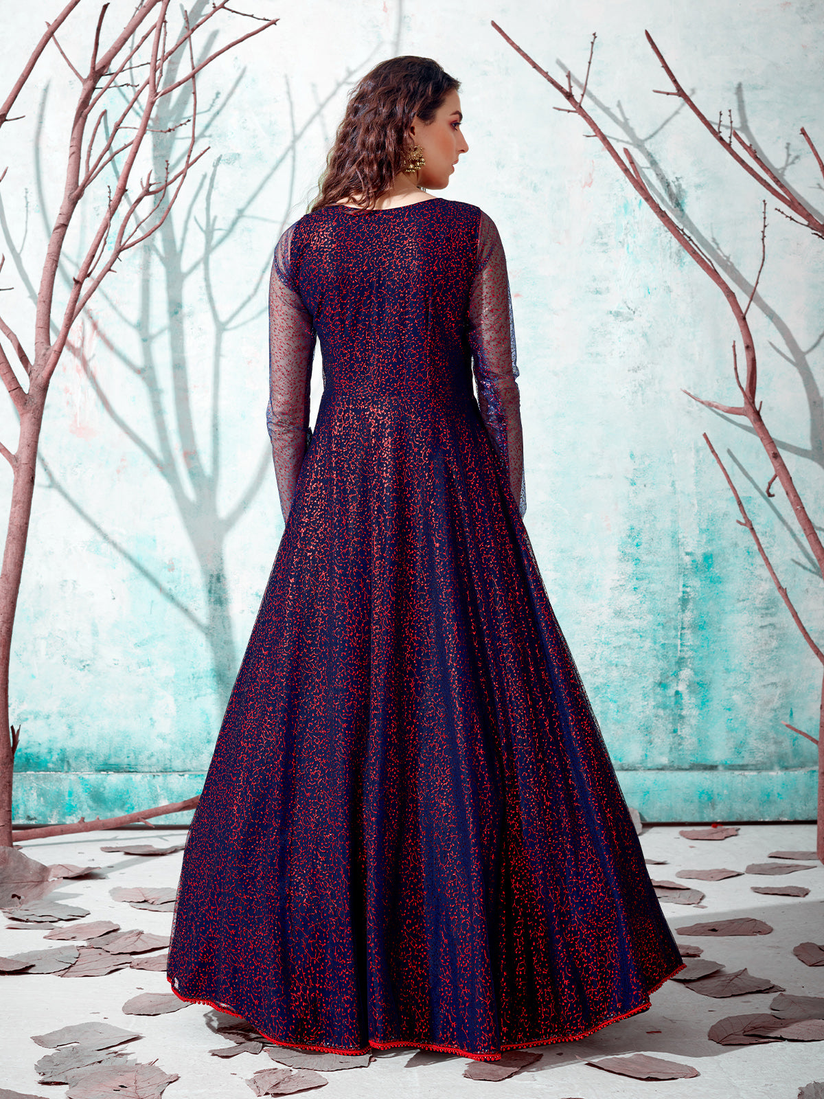Designer Dark Blue Net Semi Stitched Gown