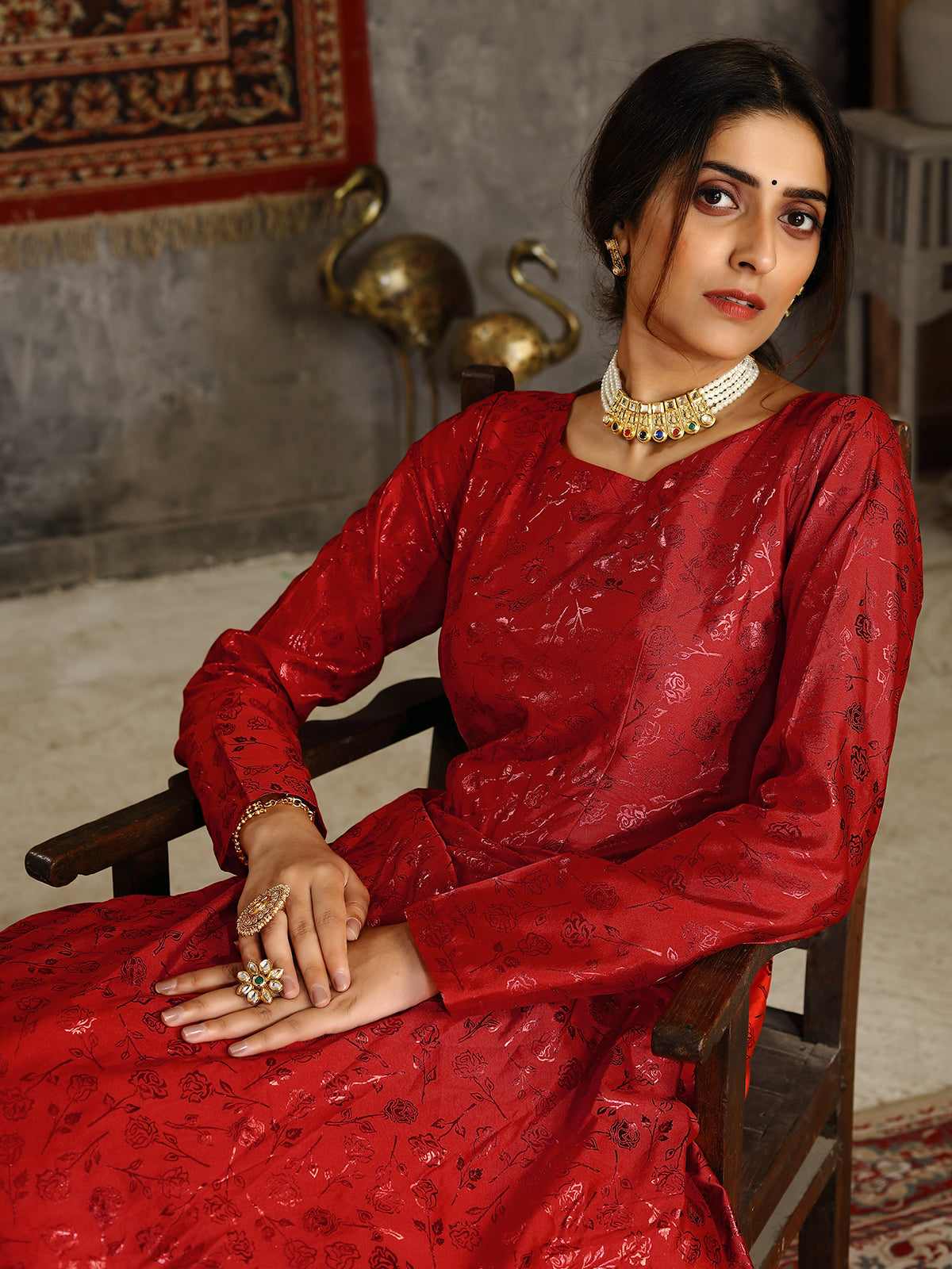 Designer Red Taffeta Semi Stitched Gown