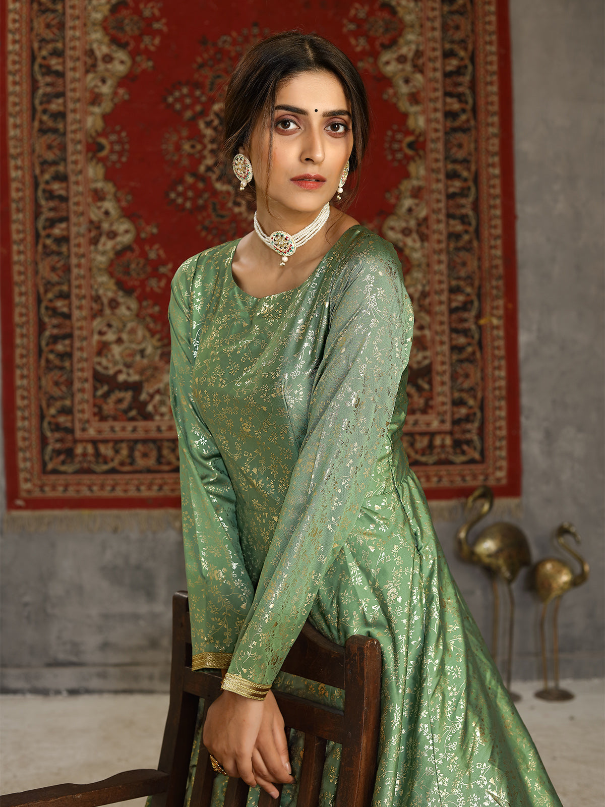 Designer Green Taffeta Semi Stitched Gown