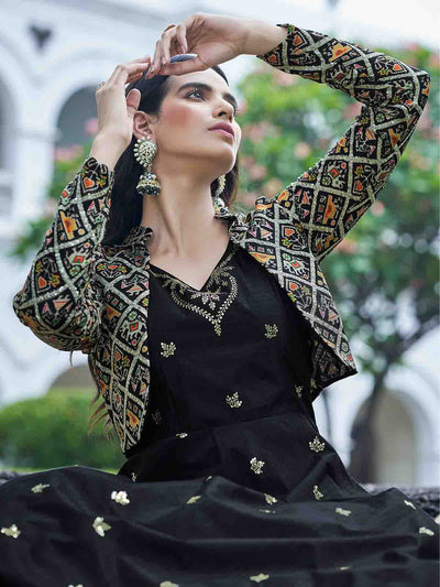 Odette Women Designer Black Cotton Semi Stitched Gown
