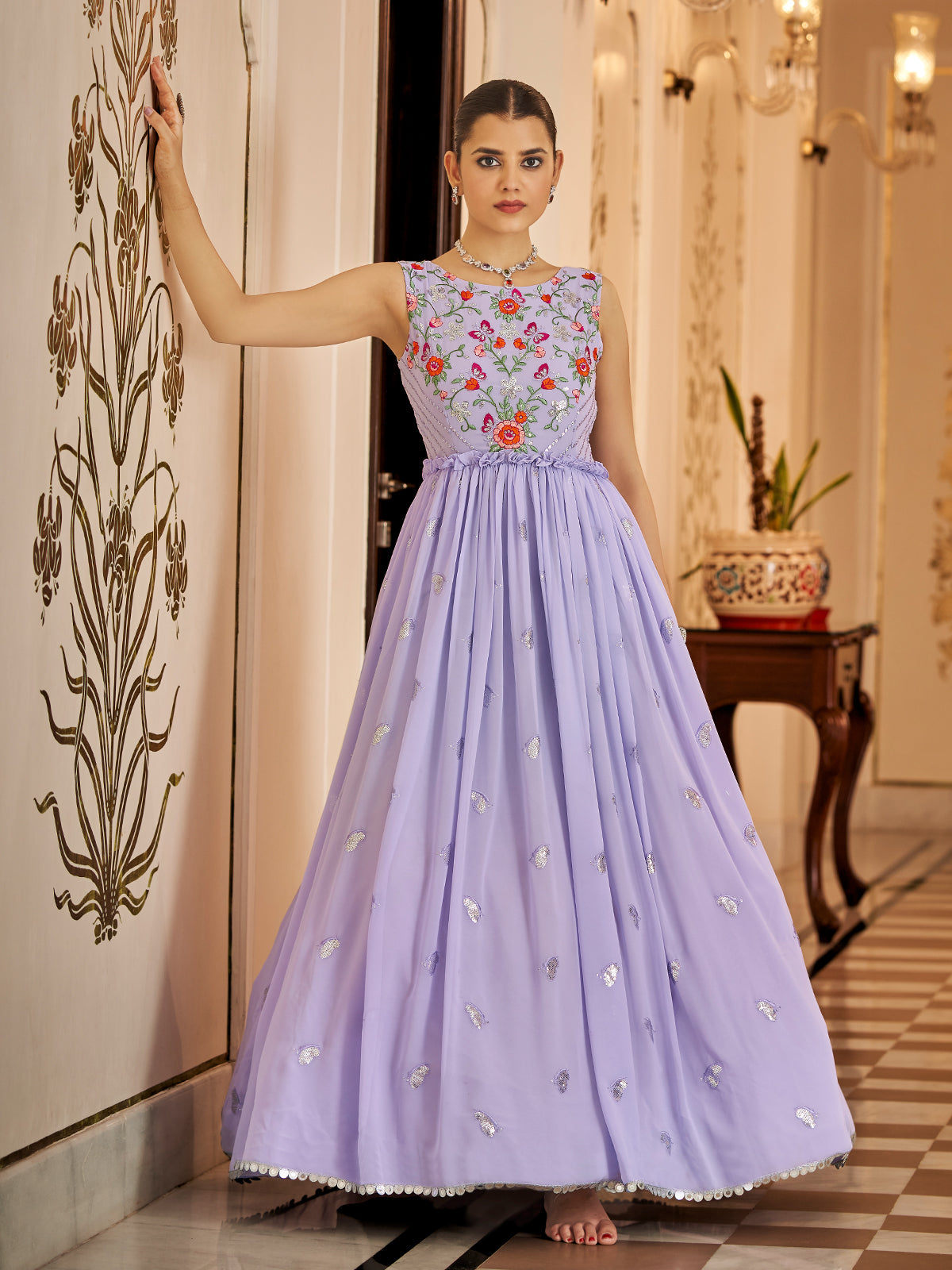 New Purple Colour Flower Print Gown Design • Anaya Designer Studio |  Sarees, Gowns And Lehenga Choli