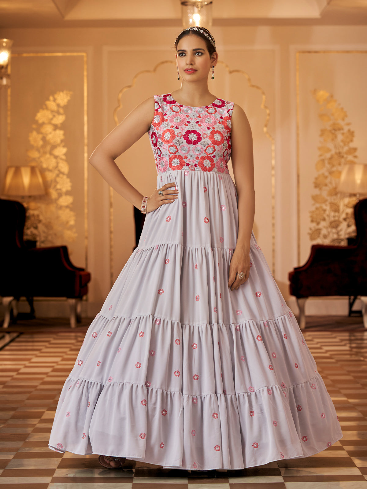 APNISHA Pink Printed Semi Stitched Dress Material