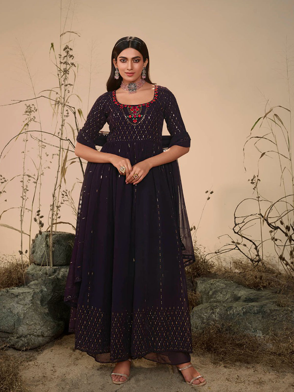 Classy Violet Georgette Stitched Salwar Suit