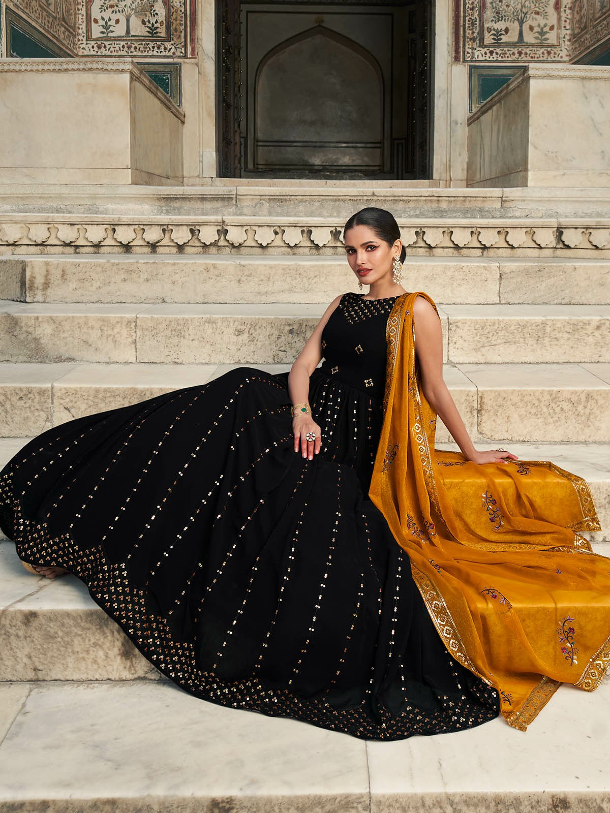 Buy Black Sequined One Sided Shoulder Designer Gown Online in USA – Pure  Elegance
