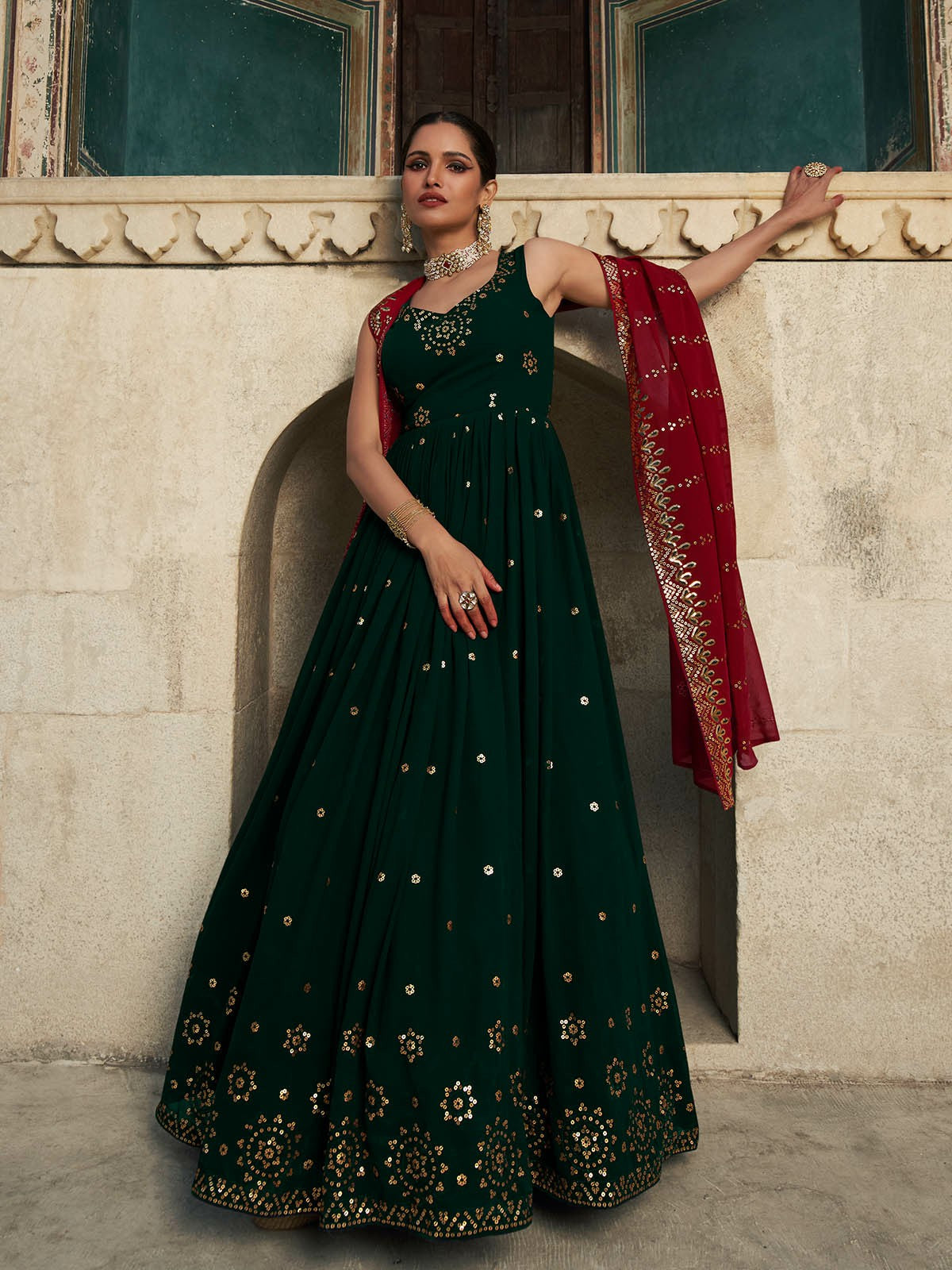 Odette Women Designer Dark Green Georgette Semi Stitched Gown