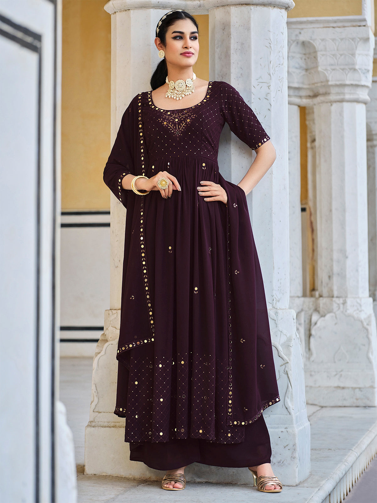 Odette Women Violet Georgette Embroidered Semi Stitched Salwar Suit