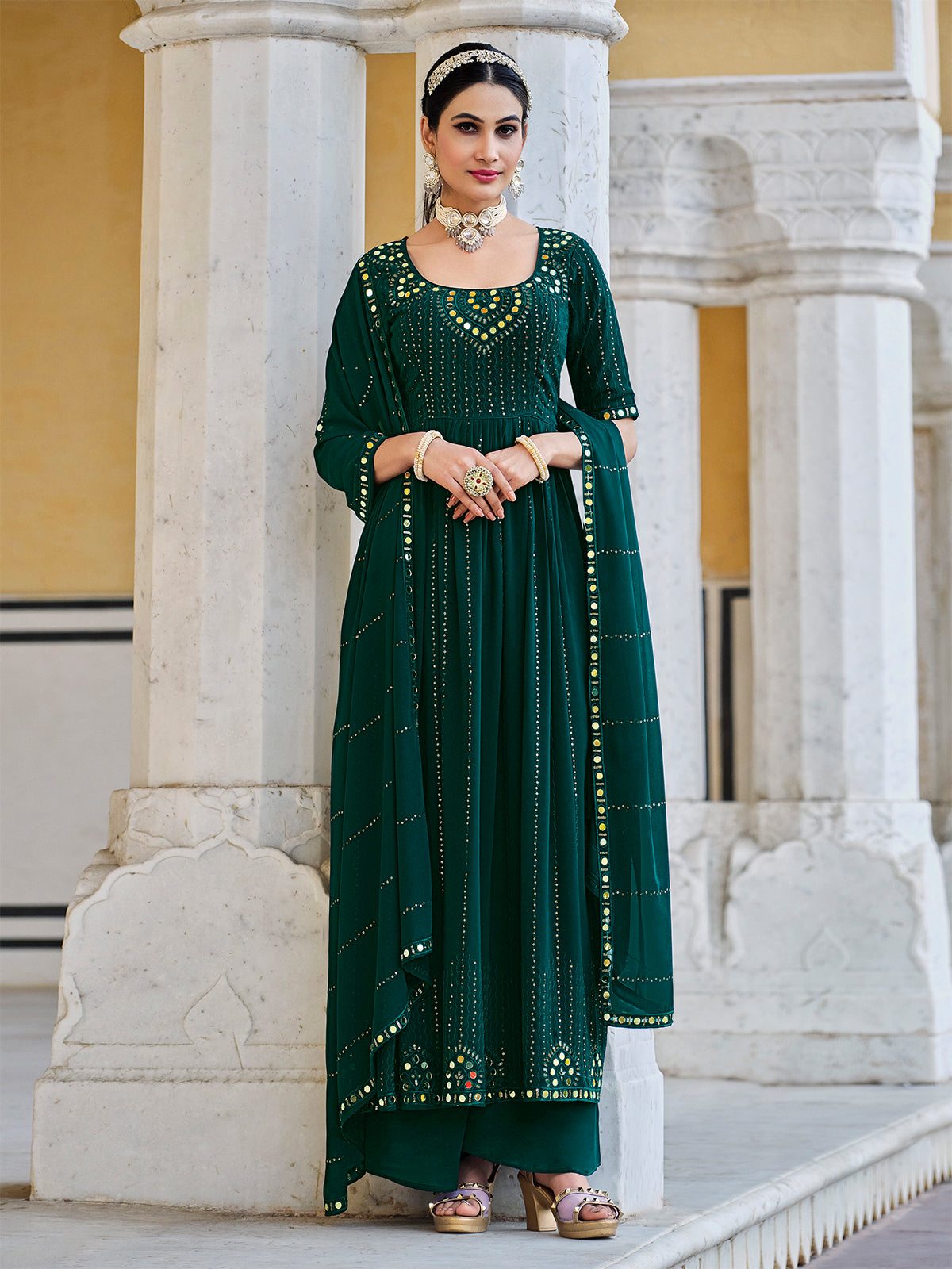 Odette Women Dark Green Georgette Embroidered  Stitched Salwar Suit