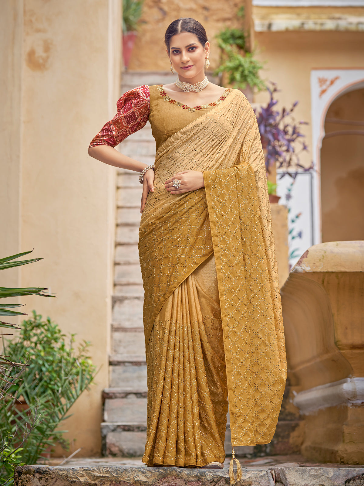 Odette Women Festive Designer Mustard Saree With Unstitched Blouse