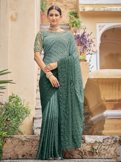 Festive Designer Teal Saree With Unstitched Blouse