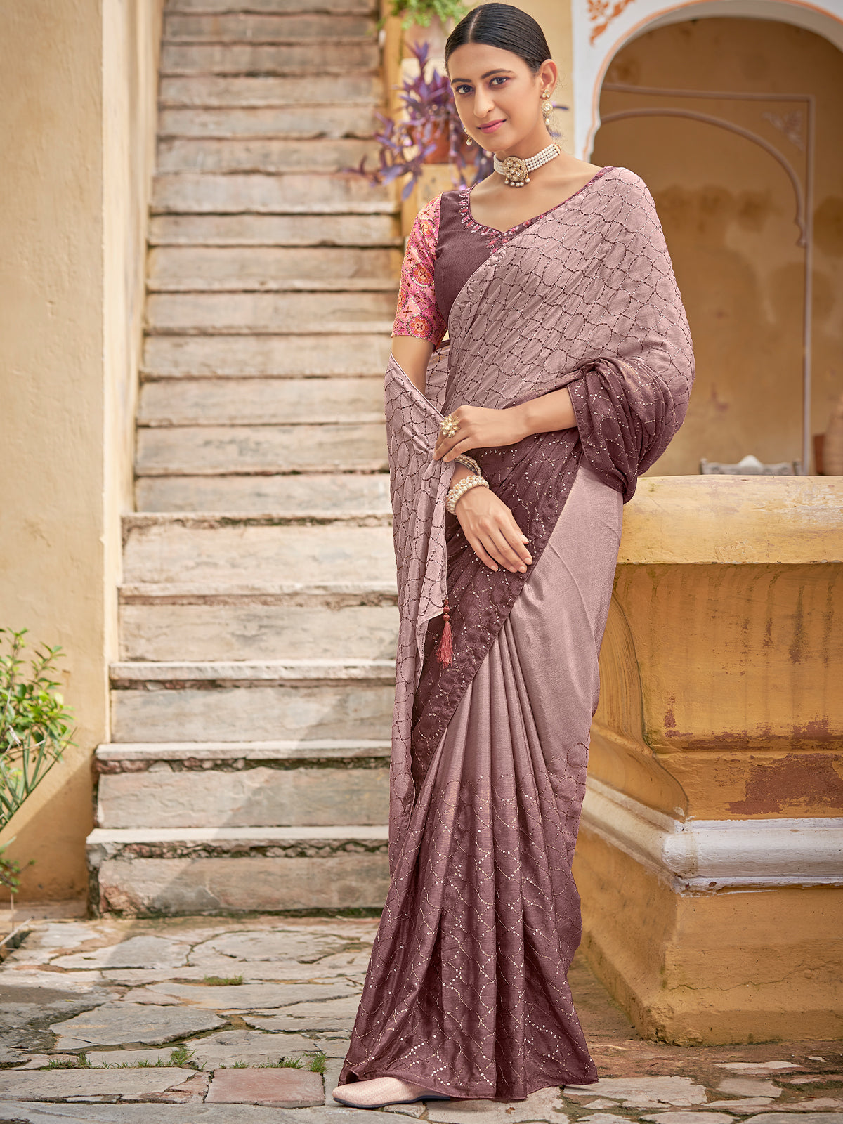 Odette Women Festive Designer Mauve Saree With Unstitched Blouse