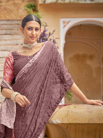 Odette Women Festive Designer Mauve Saree With Unstitched Blouse