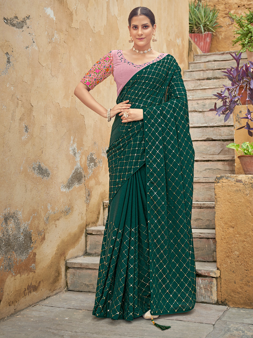 Odette Women Festive Designer Green Saree With Unstitched Blouse