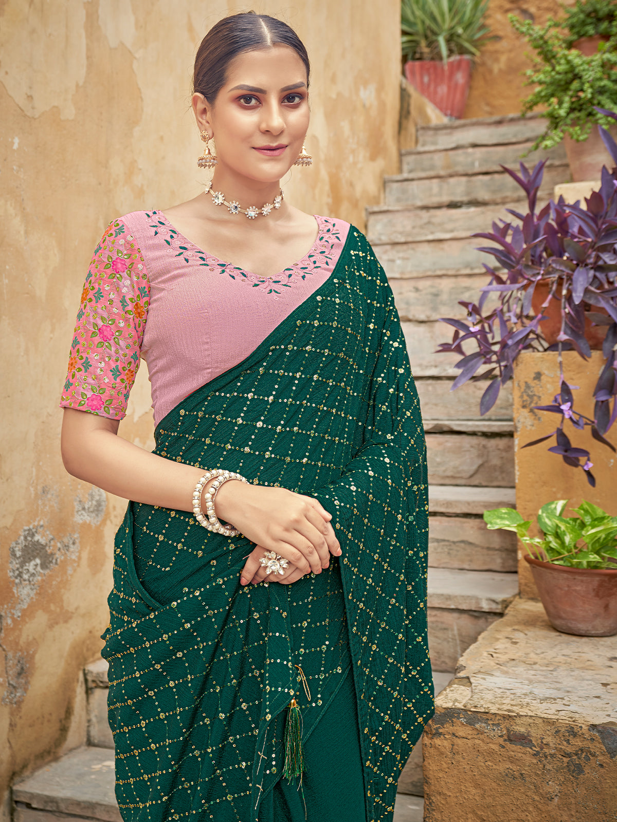 Pink Patola Silk Saree with Stylish Contrast Blouse – FOURMATCHING