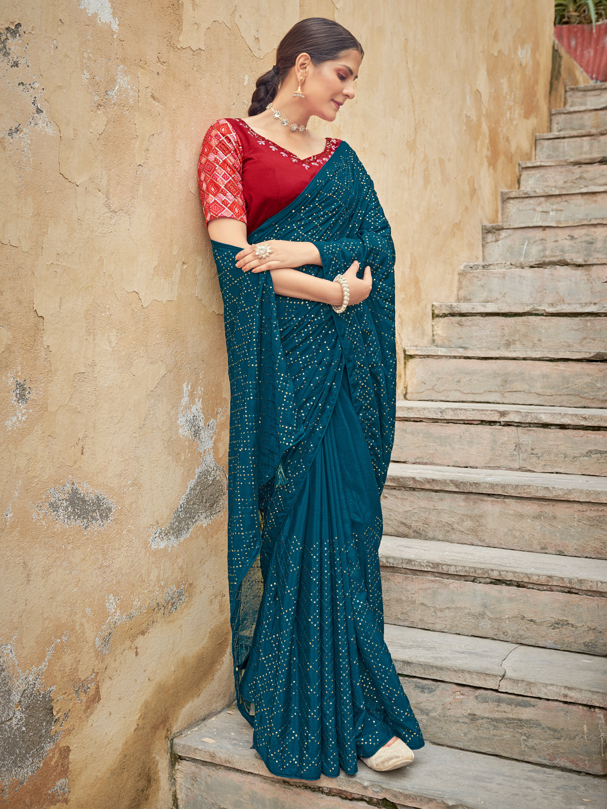 Odette Women Festive Designer Teal Saree With Unstitched Blouse