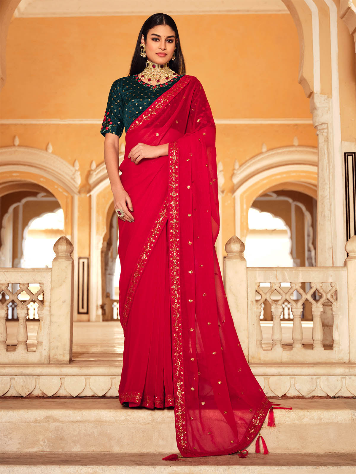 Chiffon Red Color Multi Work Designer Border Saree, Length: 6.3 m at Rs  789/piece in Surat