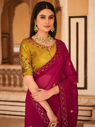 Odette Women Magenta Chinon Saree With Unstitched Blouse