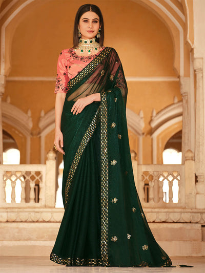 Odette Women Green Designer Chinon Saree With Unstitched Blouse