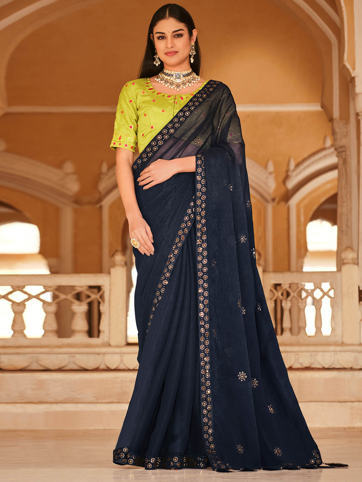 Odette Women Elegant Dark Blue Chinon Saree With Unstitched Blouse