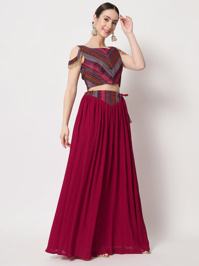 Magenta Georgette Semi Stitched Lehenga With Unstitched Blouse