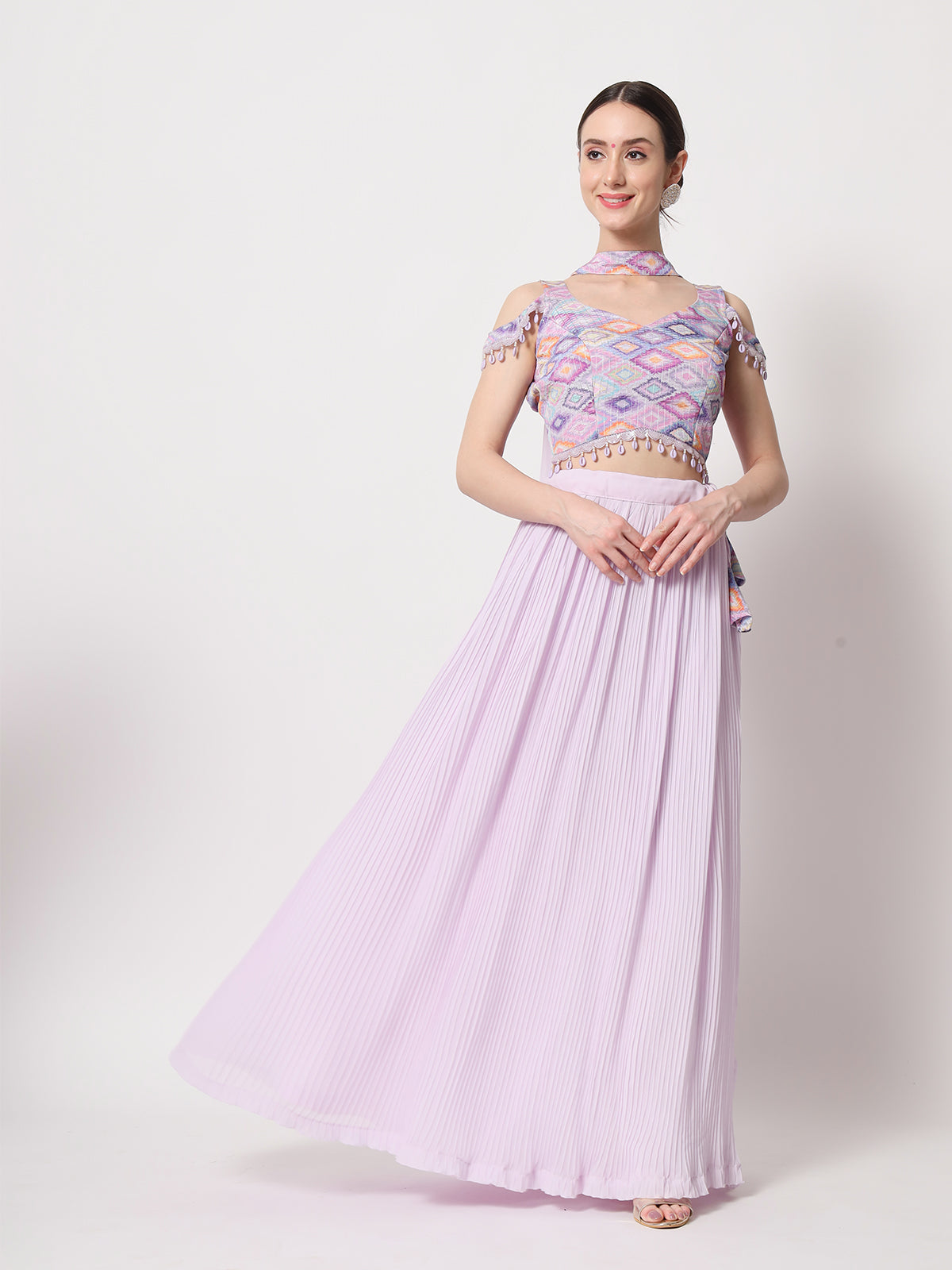 Lavender Georgette Semi Stitched Lehenga With Unstitched Blouse
