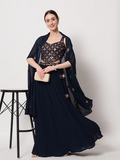Navy Blue Georgette Semi Stitched Lehenga With Unstitched Blouse