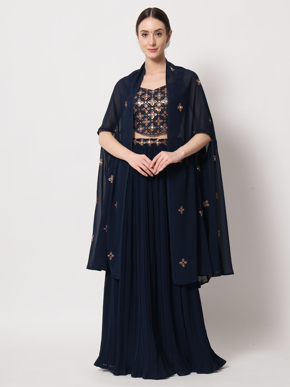 Navy Blue Georgette Semi Stitched Lehenga With Unstitched Blouse