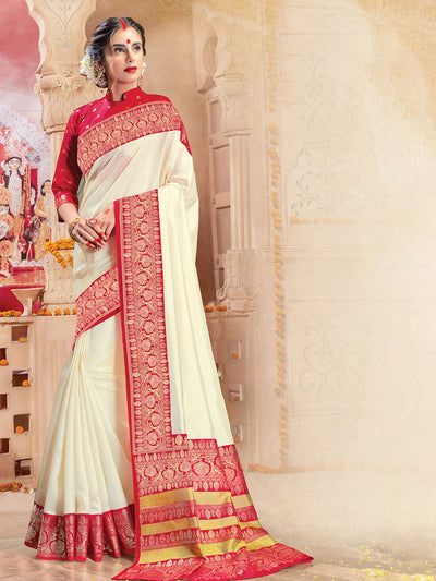 Women'S Silk Blend Off White Printed Saree With Unstitched Blouse