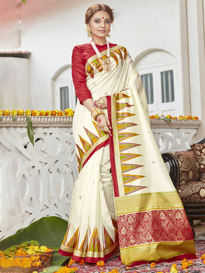 Odette Women Silk Blend Off White Printed Saree With Unstitched Blouse
