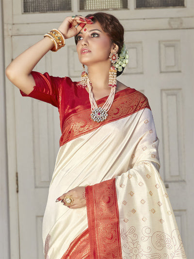 Women'S Silk Blend Off White Printed Saree With Unstitched Blouse